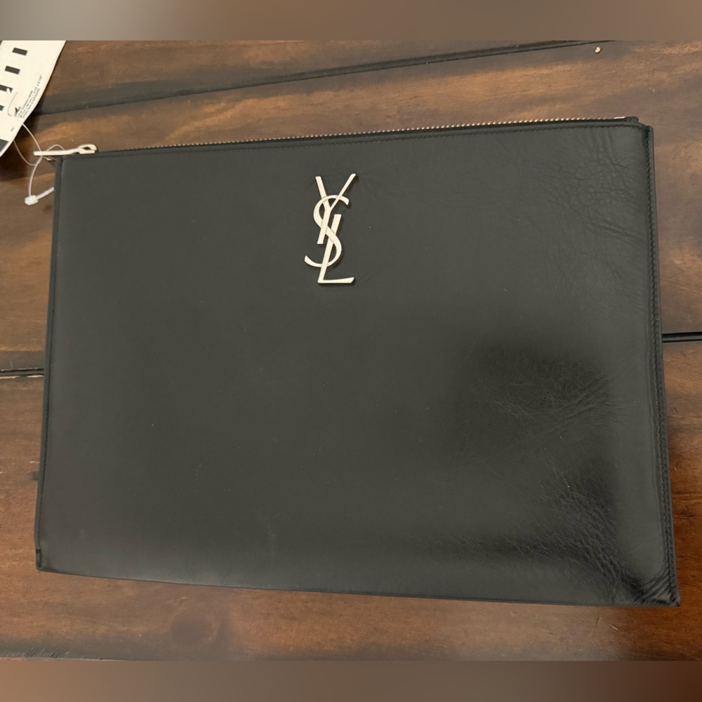 Saint Laurent Black Leather Zip Pouch with Silver YSL Monogram